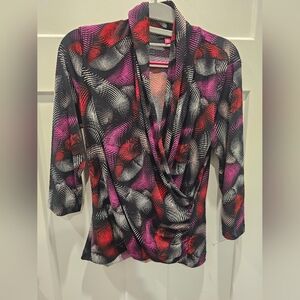 Vince Camuto Petite Medium Abstract Print Surplice Draped Blouse Top 3/4 Sleeve